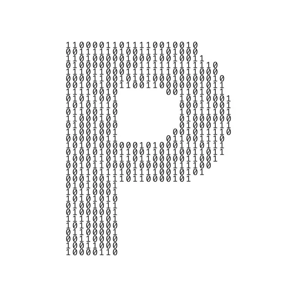 Letra P hecha de dígitos de código binario. Contexto tecnológico — Vector de stock