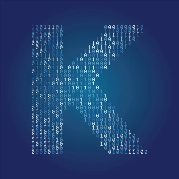 Buchstabe K Schrift aus binären Codezahlen auf dunkelblauem Hintergrund — Stockvektor