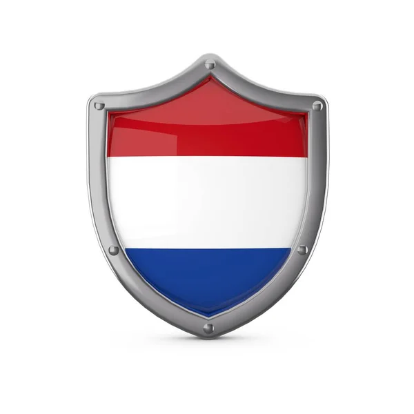 Conceito de segurança dos Países Baixos. Forma de escudo de metal com bandeira nacional — Fotografia de Stock