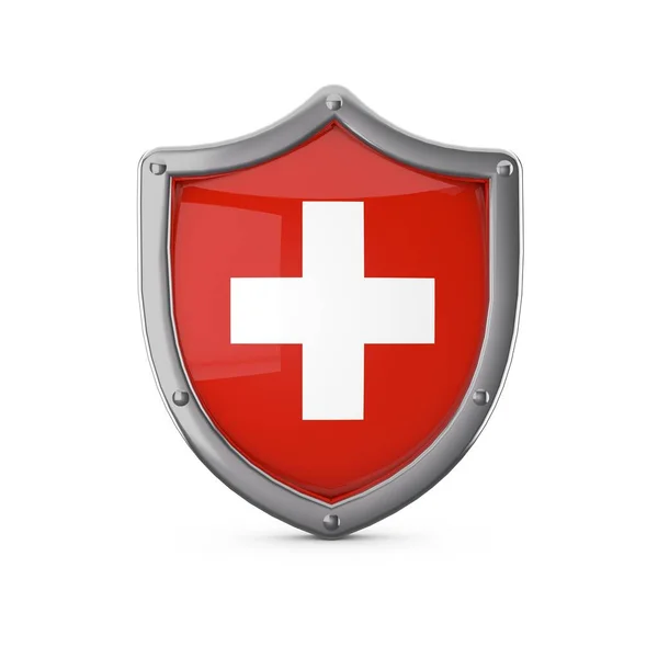 Sicherheitskonzept Schweiz. Form eines Metallschildes mit Nationalflagge — Stockfoto