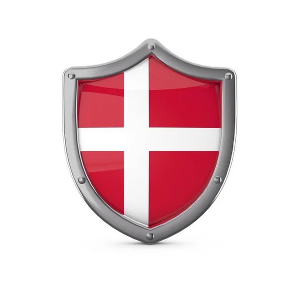 Koncepcja bezpieczeństwa Danii. Metalowy kształt tarczy z flagą narodową — Zdjęcie stockowe