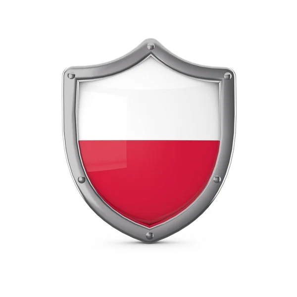 Polska koncepcja bezpieczeństwa. Metalowy kształt tarczy z flagą narodową — Zdjęcie stockowe