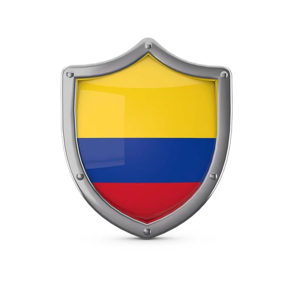 Colombia veiligheidsconcept. Vorm metalen schild met nationale vlag — Stockfoto