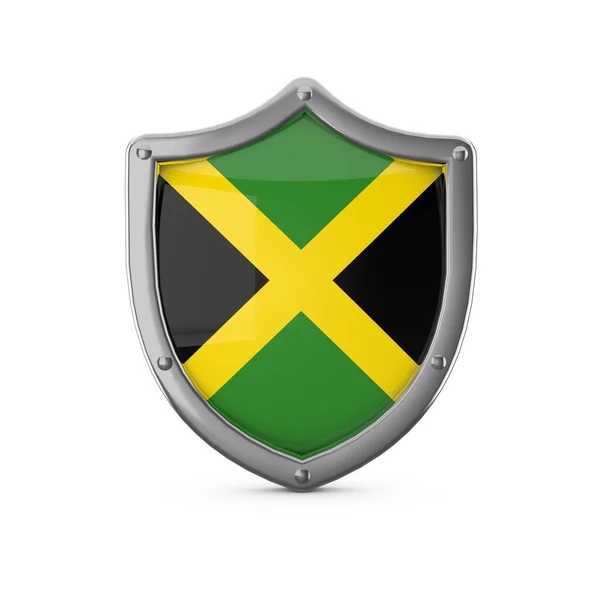 Jamaica security concept. Metal shield shape with national flag — Stock Photo, Image