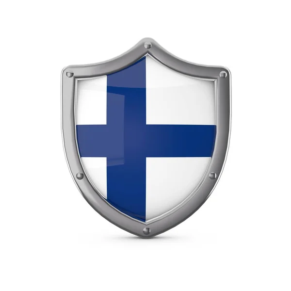 Koncepcja bezpieczeństwa Finlandii. Metalowy kształt tarczy z flagą narodową — Zdjęcie stockowe