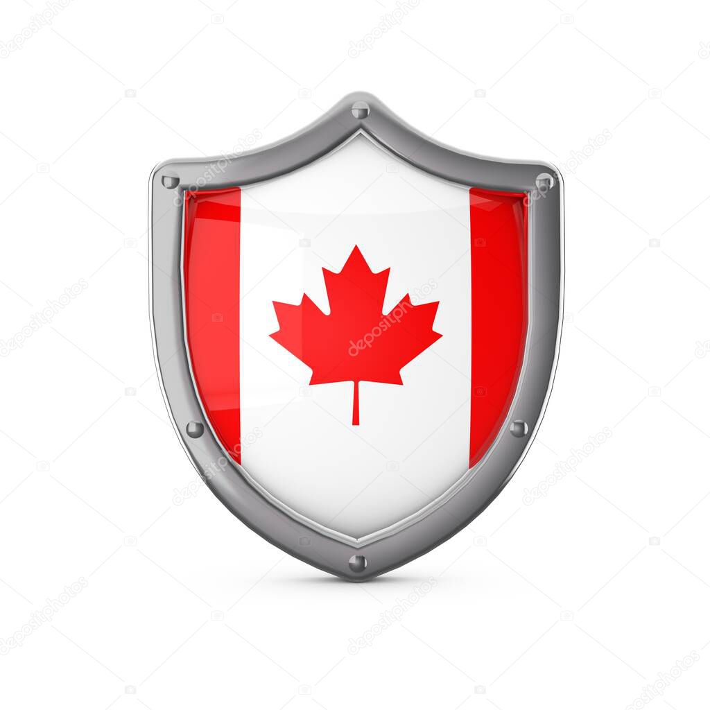 Canada security concept. Metal shield shape with national flag