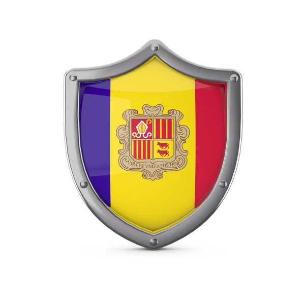 Andorra security concept. Metal shield shape with national flag — Stock Photo, Image
