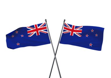 Yeni Zelanda bayrakları beyaz arka planda izole bir şekilde çaprazlandı. 3B Hazırlama