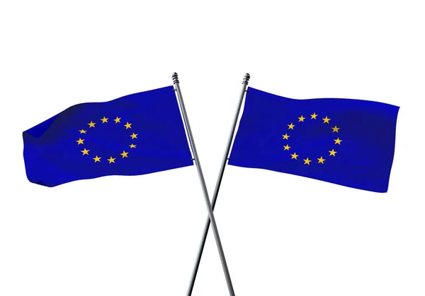 Bandiere dell'Unione europea attraversate isolate su sfondo bianco. Rendering 3D — Foto Stock