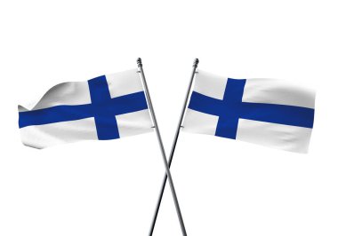 Finlandiya bayrakları beyaz arka planda izole bir şekilde çaprazlandı. 3B Hazırlama