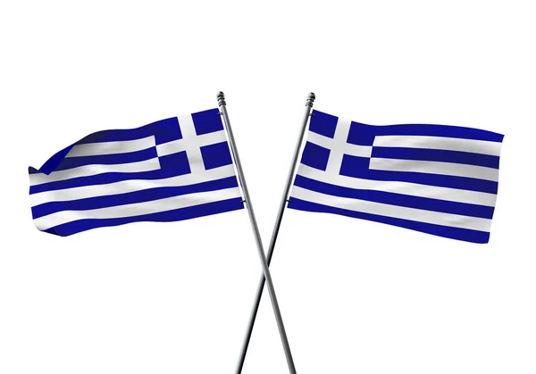 Σημαίες της Ελλάδας διασταυρώθηκαν απομονωμένες σε λευκό φόντο. 3D απόδοση — Φωτογραφία Αρχείου