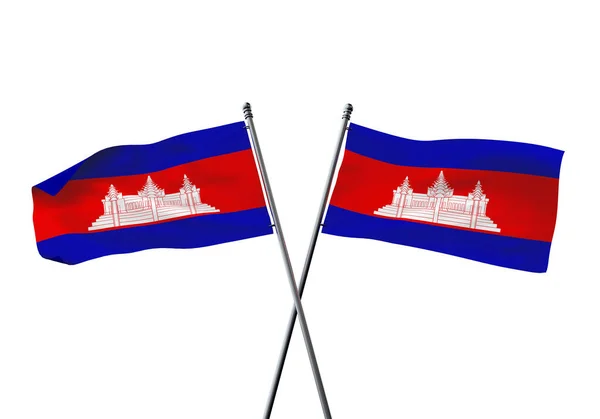 Les drapeaux cambodgiens ont traversé isolés sur fond blanc. Rendu 3D — Photo