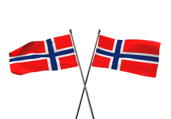 Banderas de Noruega cruzadas aisladas sobre un fondo blanco. Renderizado 3D — Foto de Stock