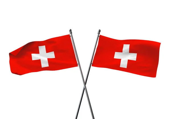 Bandiere svizzere attraversate isolate su fondo bianco. Rendering 3D — Foto Stock