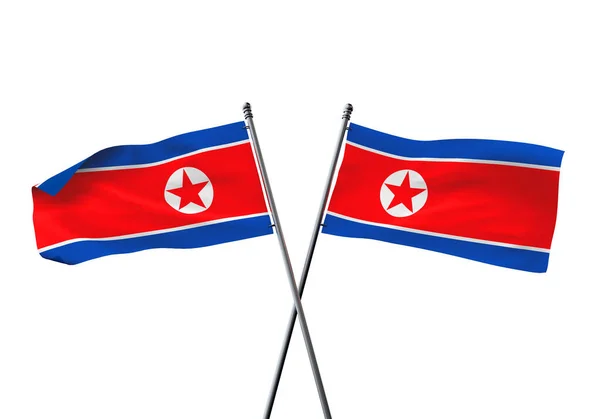 Bandeiras da Coreia do Norte cruzadas isoladas em um fundo branco. Renderização 3D — Fotografia de Stock