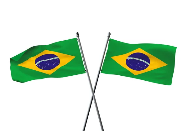 Brazilië vlaggen gekruist geïsoleerd op een witte achtergrond. 3D-weergave — Stockfoto