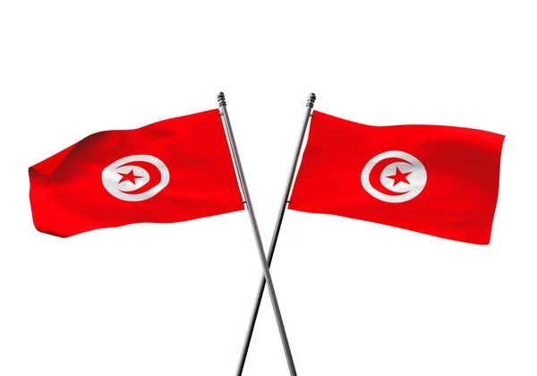 Σημαίες της Τυνησίας διασταυρώθηκαν απομονωμένες σε λευκό φόντο. 3D απόδοση — Φωτογραφία Αρχείου
