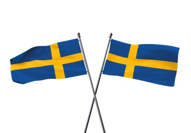 İsveç bayrakları beyaz arka planda izole bir şekilde çaprazlandı. 3B Hazırlama