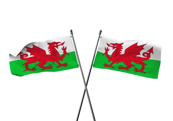 Bandiere gallesi incrociate isolate su sfondo bianco. Rendering 3D — Foto Stock