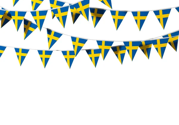 スウェーデンの旗のお祝いは、プレーンな背景に対してバンティング。3Dレンダリング — ストック写真