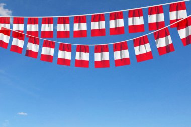 Peru bayrağı mavi gökyüzünde asılı. 3B Hazırlama