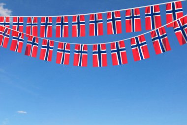 Norway flag festive bunting hanging against a blue sky. 3D Render clipart
