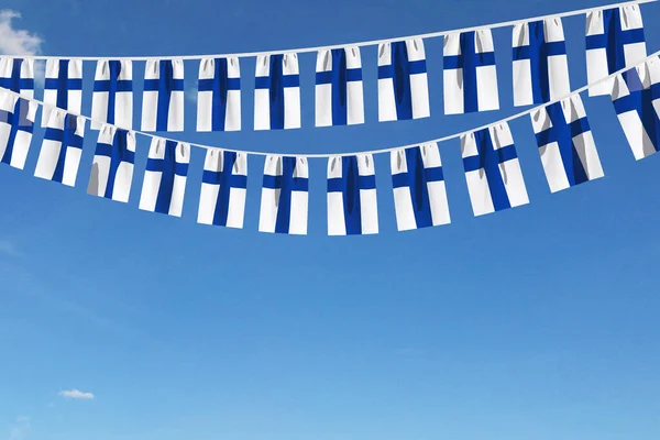 Finsko vlajka slavnostní obal visí proti modré obloze. 3D vykreslení — Stock fotografie