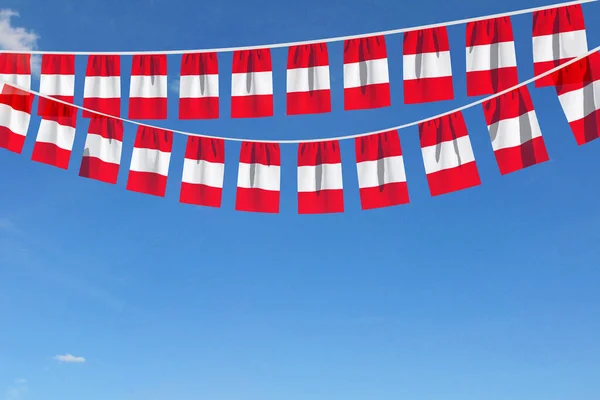 Peru flagga festliga bunting hängande mot en blå himmel. 3D-Render — Stockfoto