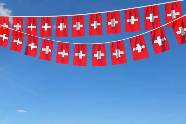 Bandeira suíça bunting festivo pendurado contra um céu azul. Renderização 3D — Fotografia de Stock