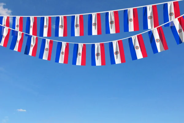 Slavnostní vlajka Paraguaye visí proti modré obloze. 3D vykreslení — Stock fotografie