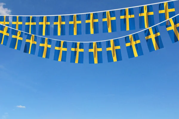 Bandeira da Suécia bunting festivo pendurado contra um céu azul. Renderização 3D — Fotografia de Stock