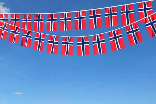 Norway flag festive bunting hanging against a blue sky. 3D Render — Stock Photo, Image