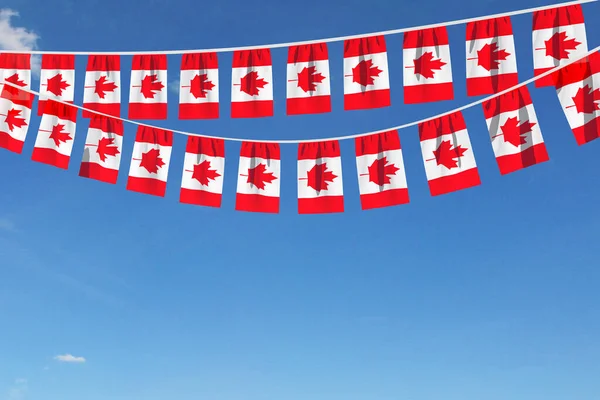 Canada flag festive bunting hanging against a blue sky. 3D Render — Stock Photo, Image