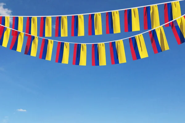 Colombia flagga festliga bunting hängande mot en blå himmel. 3D-Render — Stockfoto