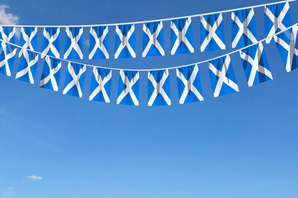 Skottlands flagga festliga bunting hängande mot en blå himmel. 3D-Render — Stockfoto