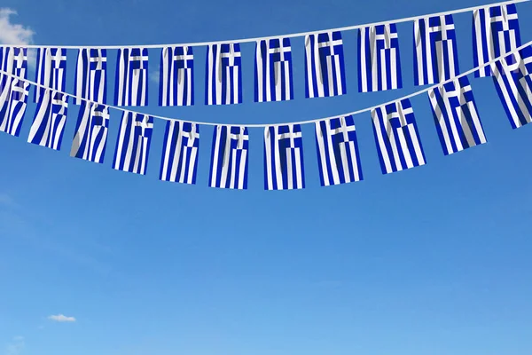 Bandeira da Grécia bunting festivo pendurado contra um céu azul. Renderização 3D — Fotografia de Stock