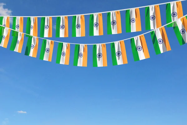 Indická vlajka slavnostně visí proti modré obloze. 3D vykreslení — Stock fotografie