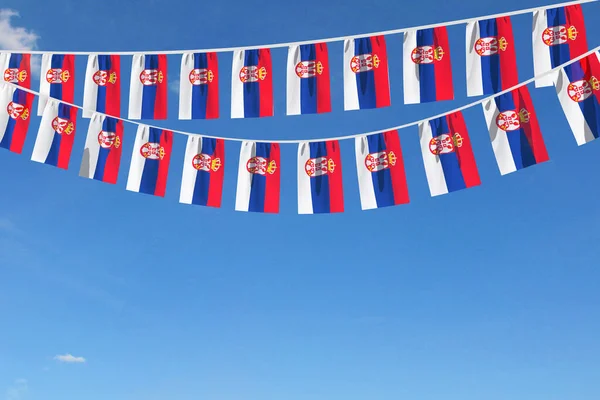 Bendera Serbia pesta bunting tergantung di langit biru. Perender 3D — Stok Foto