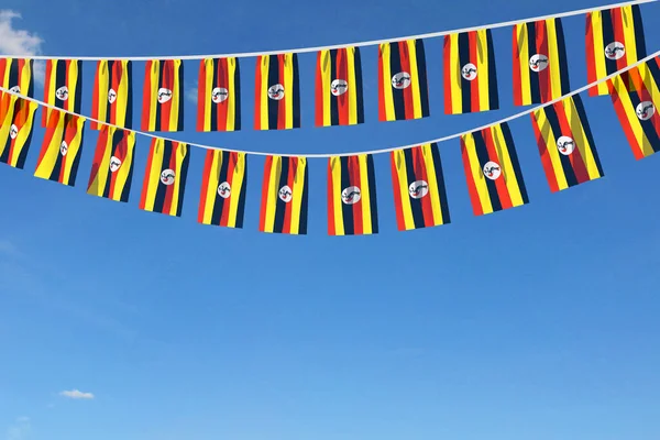 Uganda flagga festliga bunting hängande mot en blå himmel. 3D-Render — Stockfoto