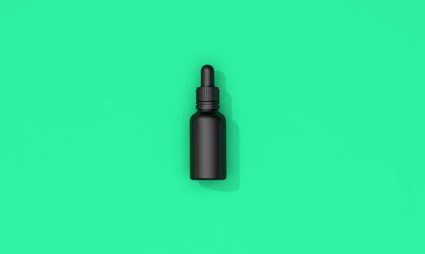 Бутылка из-под черного масла с бланковой этикеткой на зеленом фоне. 3D Render — стоковое фото