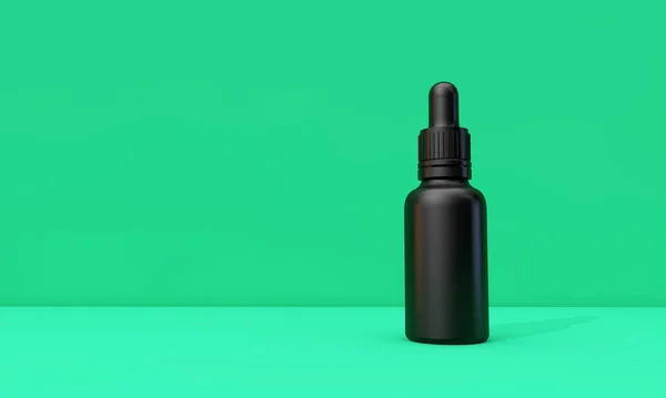 Botol dropper minyak hitam dengan label kosong dengan latar belakang hijau. Perender 3D — Stok Foto