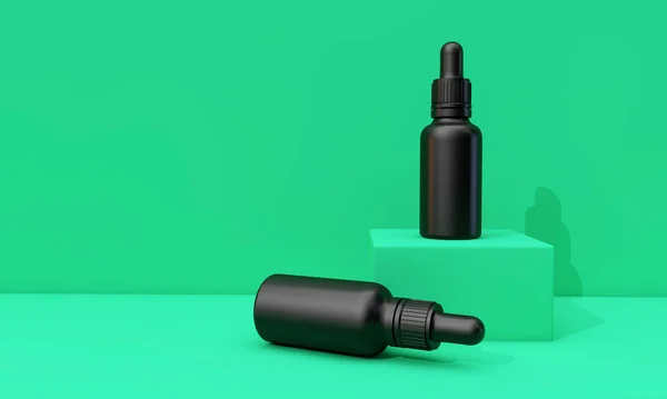 Zwarte olie druppelflesje met blanco etiket op een groene achtergrond. 3D Render — Stockfoto