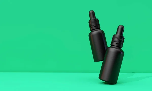 Black oil dropper bottle with blank label on a green background. 3D Render
