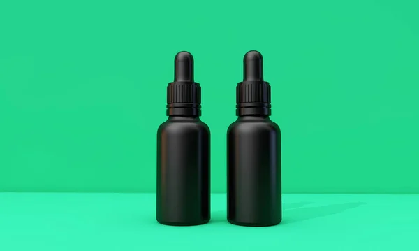 Frasco conta-gotas de óleo preto com rótulo em branco sobre fundo verde. Renderização 3D — Fotografia de Stock