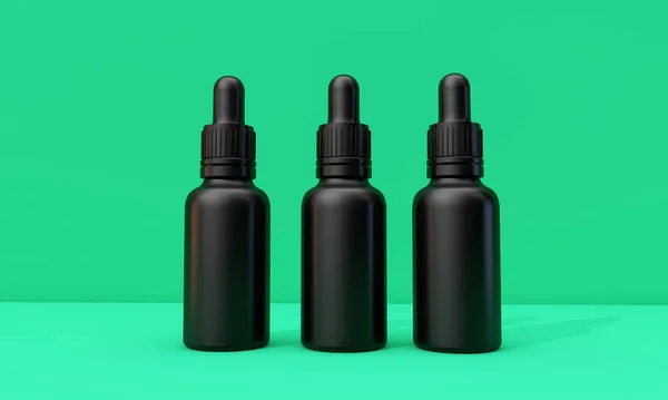 Black oil dropper bottle with blank label on a green background. 3D Render