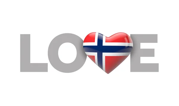 Aşk sözcüğüyle bayrak şeklinde Norveç kalbi. 3B Hazırlama — Stok fotoğraf