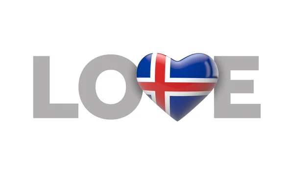 Hou van IJsland hartvormige vlag met liefdeswoord. 3D-weergave — Stockfoto