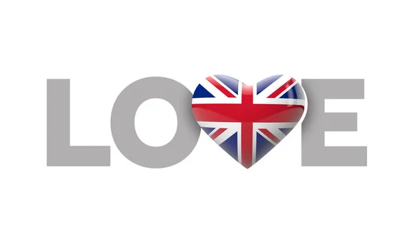 Liefde UK hartvormige vlag met liefdeswoord. 3D-weergave — Stockfoto
