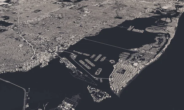 마이애미, 플로리다, 미국 도시 지도 3D 렌더링. 공중 위성 사진 — 스톡 사진