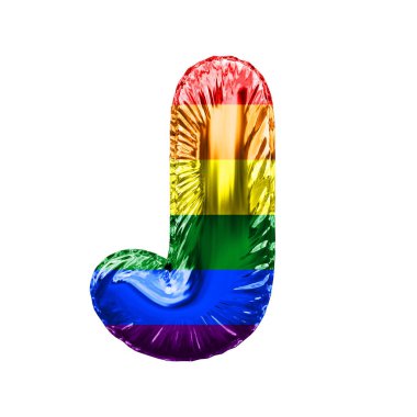 J harfi gay gurur bayrağı parlak folyo balon yazı tipi. 3B Hazırlama